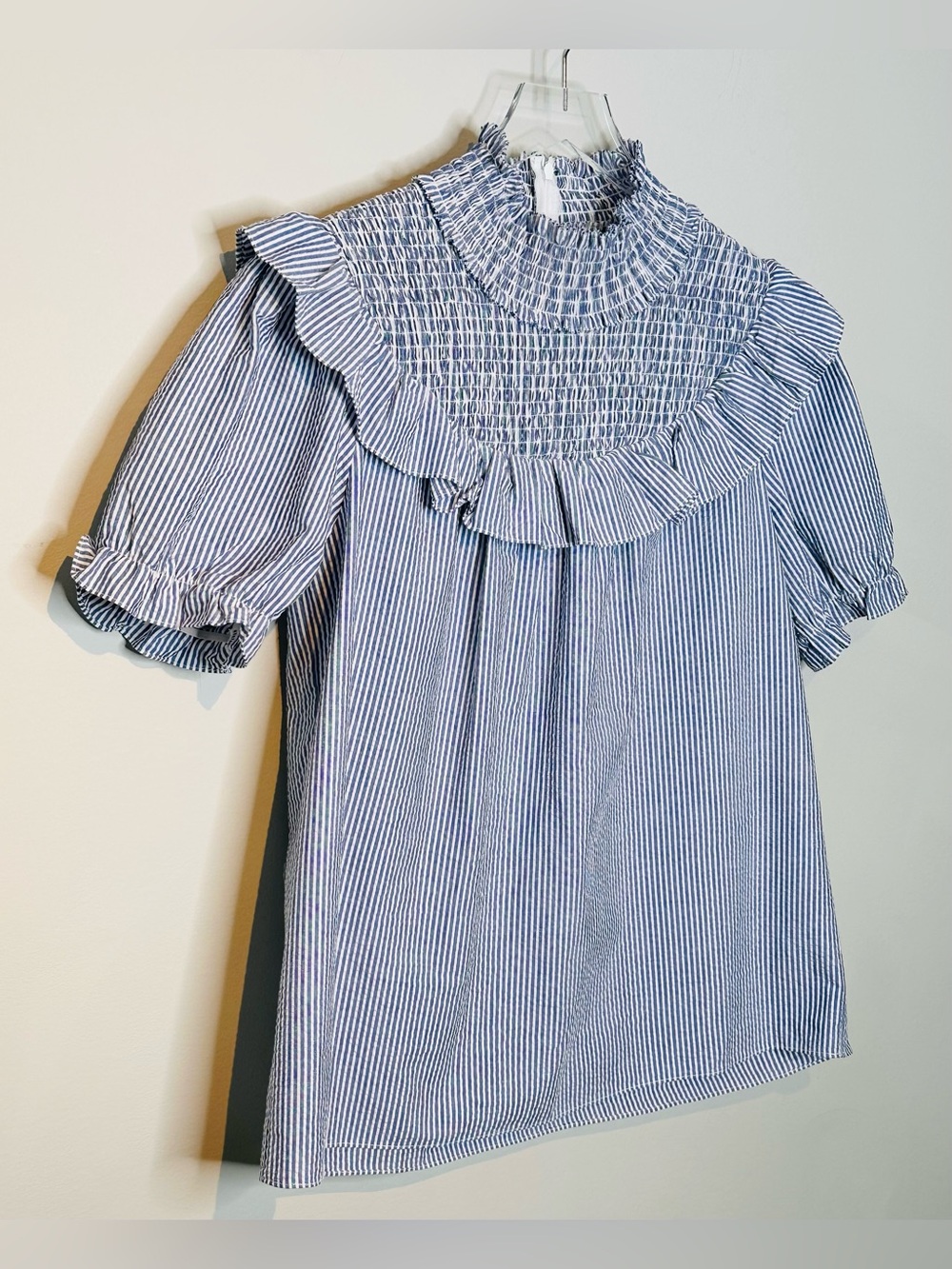 Sail To Sable Blue White Seersucker Smocked Ruffle Neck Blouse Shirt Top - Picture 3 of 9